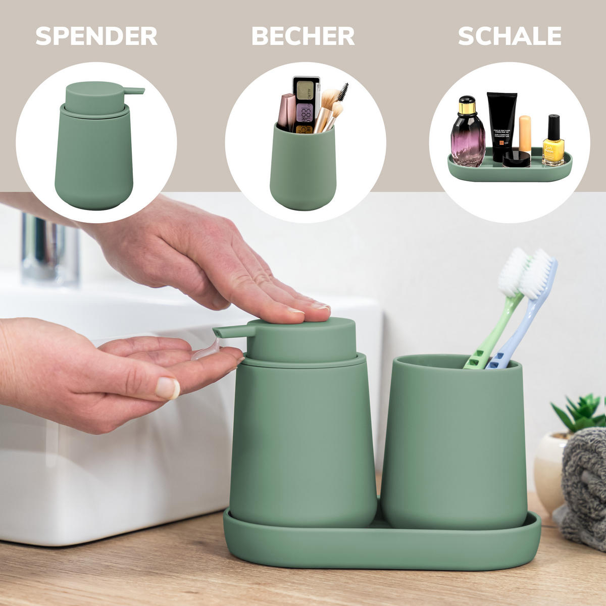 BAD-ACCESSOIRES-SET TESERO 5tlg., Soft-Touch, grün - Grün, Kunststoff (8.5/10.5/9cm) - eluno