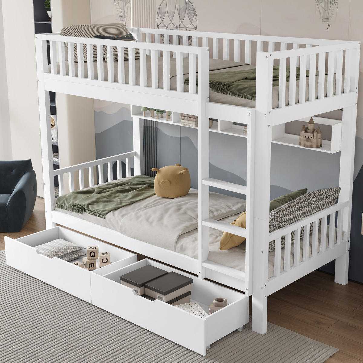 BETT Etagenbett mit Leiter und Stauraum Weiß 90x200 cm - Weiß, Holz (90/200cm) - ComfortXL