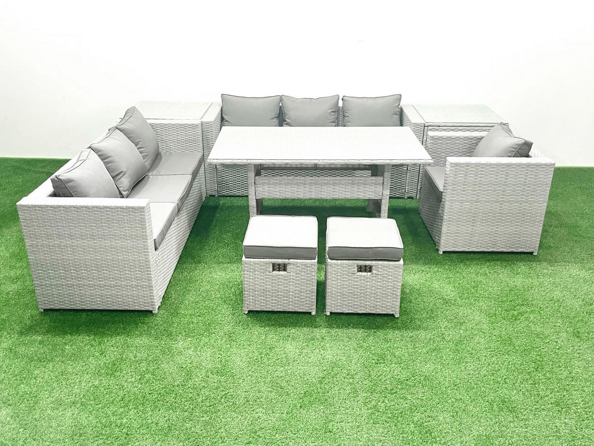 GARTENMÖBEL SET mit 3-Sitzer-Sofa und Sessel, Esstisch,2 Hockern,2 Beistelltischen Polyrattan Hellgrau 9-Sitzer - Hellgrau/Grau, Glas/Kunststoff - Fimous