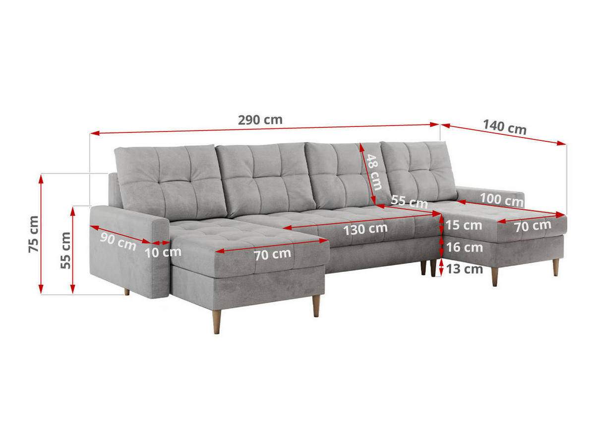 WOHNLANDSCHAFT Colin U Velvet Hellgrau - Hellgrau/Braun, Holz/Textil (290/75/140cm) - MKS