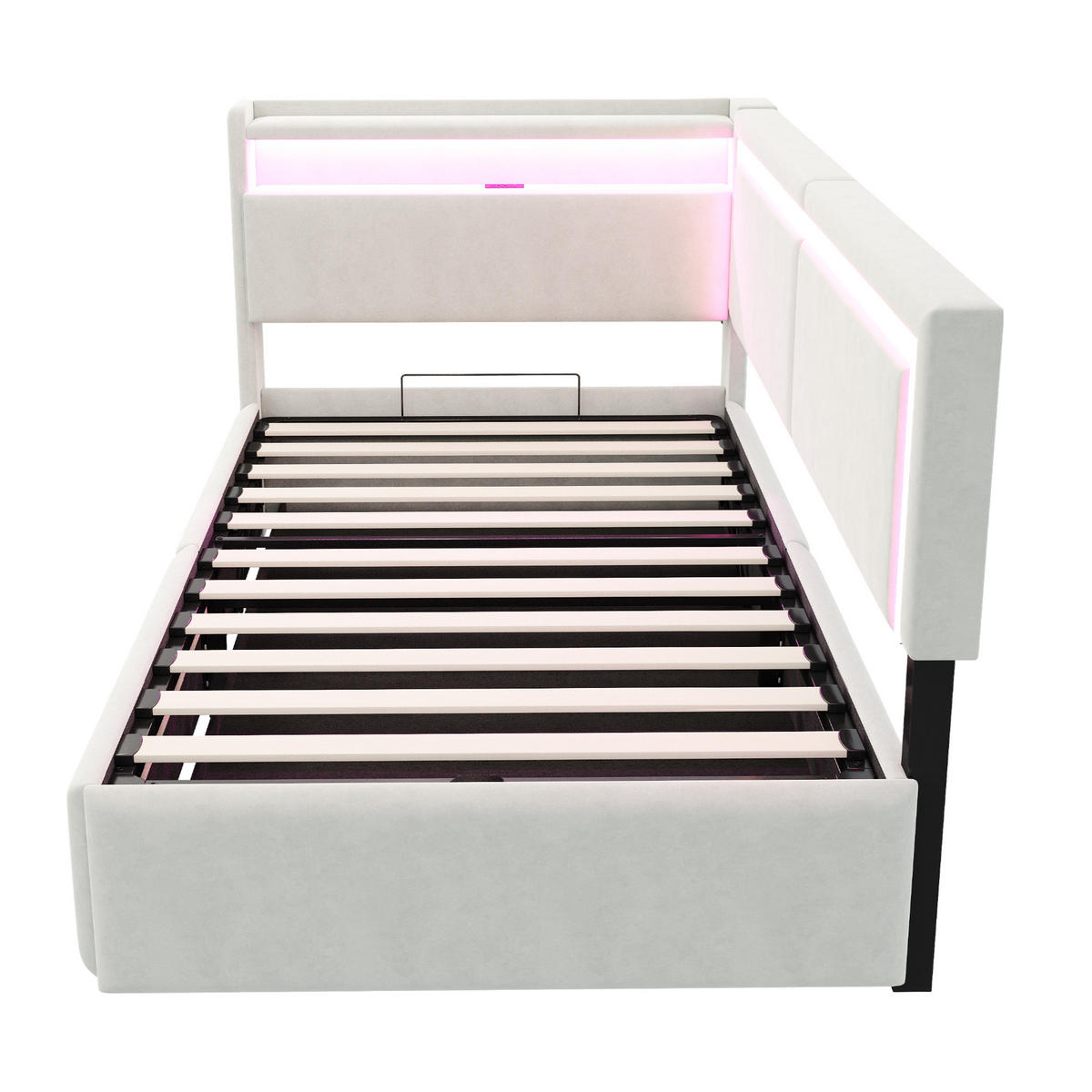 SCHLAFSOFA 90/200 cm in Beige Samt mit Bettkasten, LED und USB - Beige, Holzwerkstoff/Textil (90/200cm) - WISHDOR