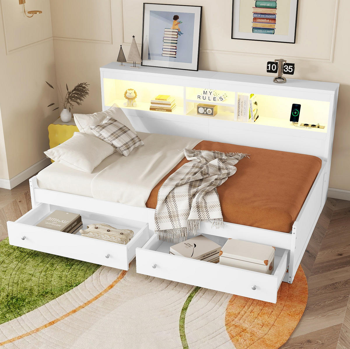 POLSTERBETT 90/200 cm Weiß aus Spanplatte mit LED-Beleuchtung und USB-Anschluss - Weiß, Holzwerkstoff (90/200cm) - OKMYHOME