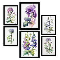 POSTER Set Mit 6 Violett Vollfarbige Natur Und Botanikdrucke Mit Blumenmotiven Auf Reinweißen Hintergründen Innenarchitektur A3 & A4 Schwarzer Rahmen - Schwarz, Papier (29/3cm) - Nacnic