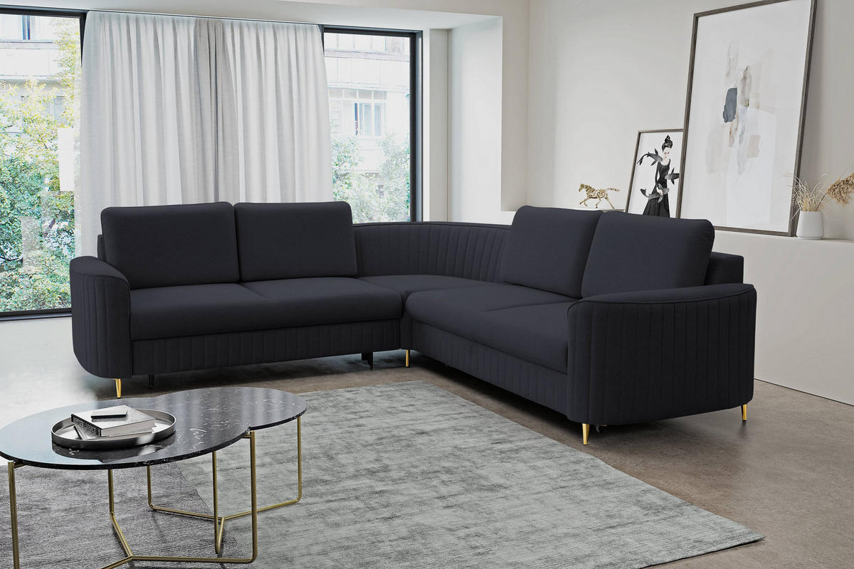 ECKSOFA VELA R-S Dunkelblau Velours-Stoff mit Schlaffunktion - Dunkelblau, Holz (251/251cm) - MASSENO