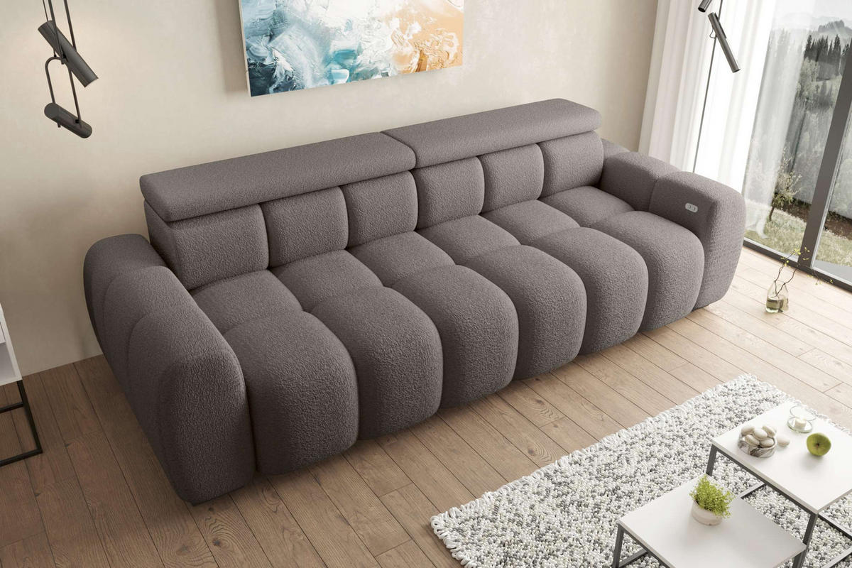 BIGSOFA ALESSIO Bouclé-Stoff Braun mit elektrischer Sitztiefenverstellung - Braun, Kunststoff/Textil (248/77/108cm) - 99rooms