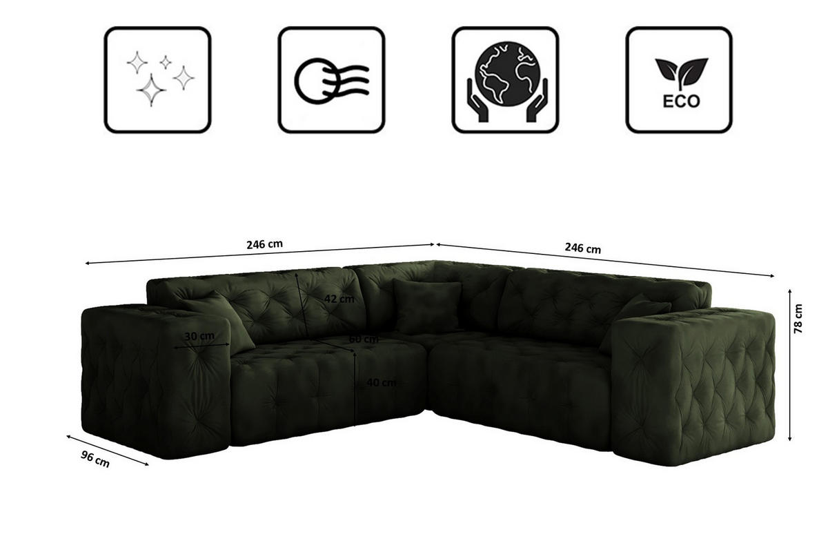 CORNER LUX, Gesteppt, Stoff Whisper, Grün - Grün, Holz/Textil (246/246cm) - Kaiser Möbel