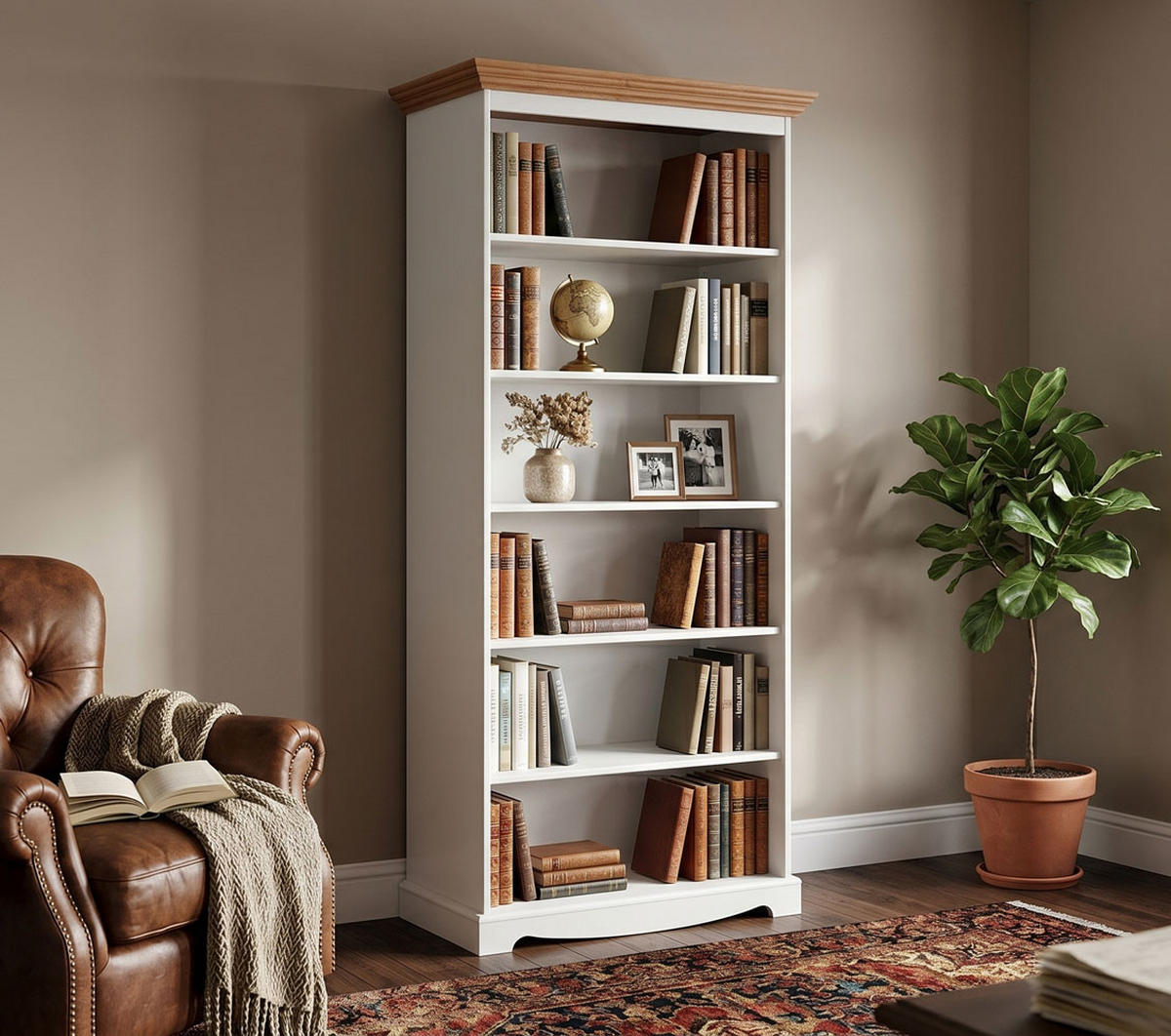 BÜCHERREGAL Belluno Elegante Kiefer weiß (RAL9010) lackiert / Kiefer gebeizt, Eichefarben 89 / 44 / 190cm - Eichefarben/Weiß, Holz (89/190/44cm) - Feldmann-Wohnen