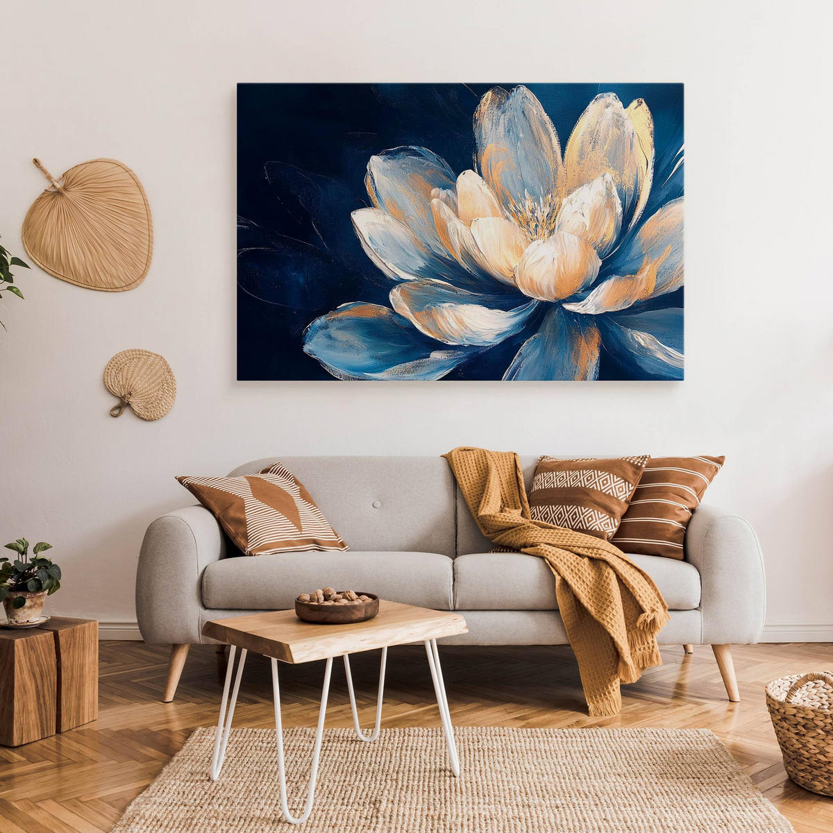 LEINWANDBILD für Schlafzimmer Blume Natur Malarei 100cm x 70cm - Blau/Beige, Textil (100/70cm) - Muralo