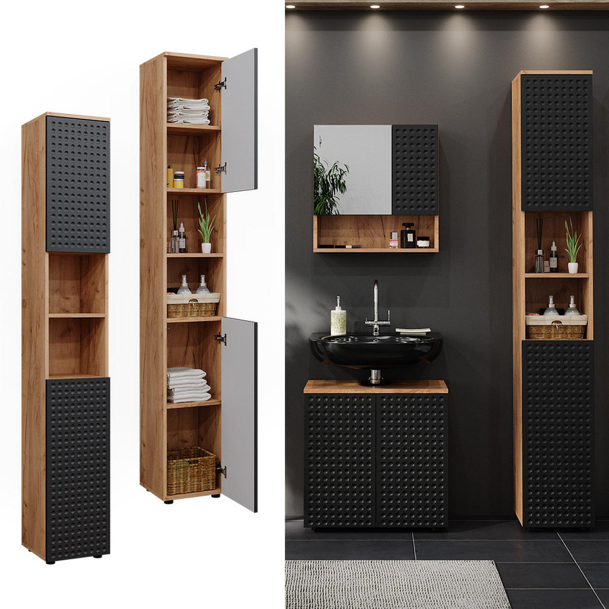 BADSCHRANK Irma Anthrazit gepunktet 30 x 192 cm - Anthrazit, Holzwerkstoff (30/192/30cm) - Vicco