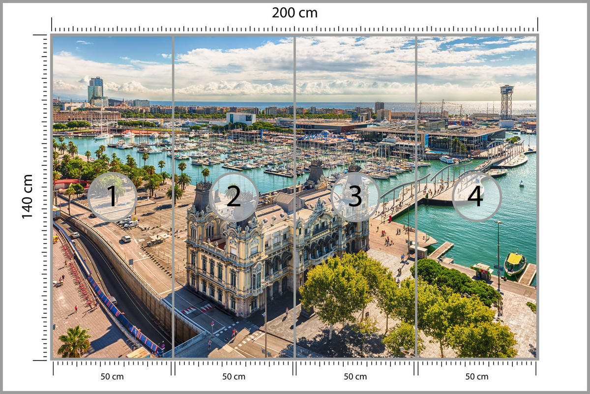 FOTOTAPETE für Wohnzimmer Barcelona Hafen Boote Denkmäler 200x140 - Türkis/Beige, Papier (200/140cm) - Muralo