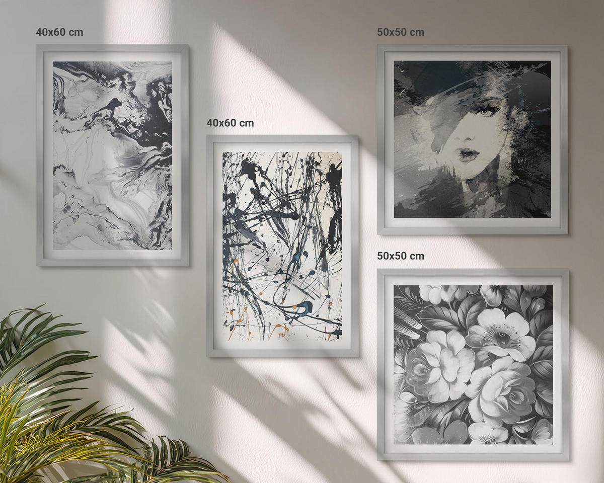 BILDER SET 4er Set - 50x50 cm & 40x60 cm Silberner Rahmen - Abstrakte schwarz-weiße Muster - Silberfarben, Kunststoff (50/50cm) - TULUP