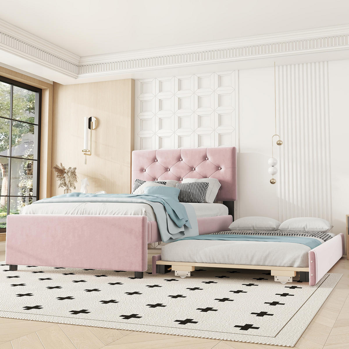 POLSTERBETT 90x200cm Rosa Samt Rollcontainer Minimalistisch - Pink, Holz (90/200cm) - FLIEKS