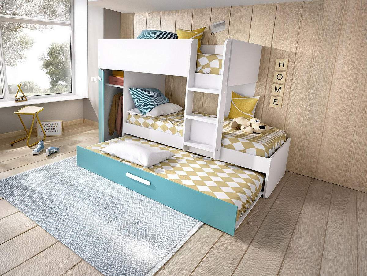 ETAGENBETT Ausziehbett mit Stauraum - 3x 90 x 190 cm - Weiß, Naturfarben & Blau - ANTHONY - Blau, Holz (97/243cm) - Vente-Unique