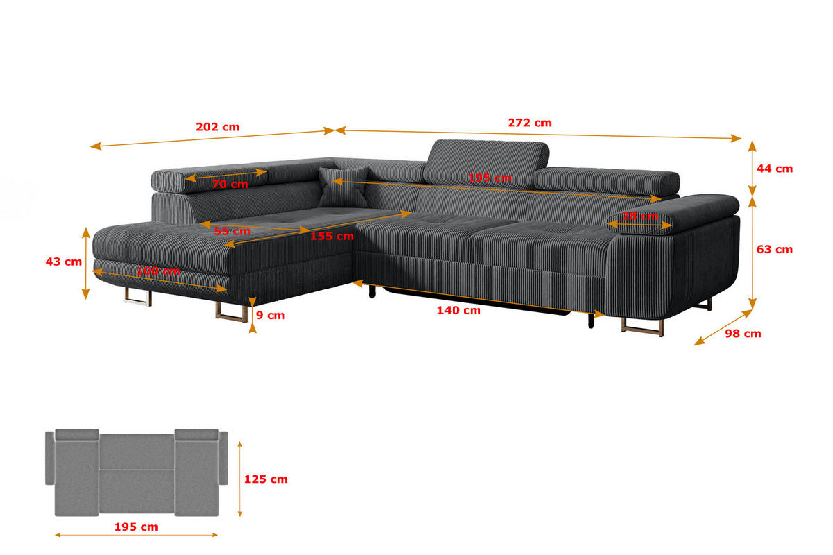 ECKSOFA mit Schlaffunktion und Bettkasten GUSA-L 272x202x107 cm Grau Cord - Dunkelgrau/Silberfarben, Holzwerkstoff/Textil (202/272cm) - ALTDECOR