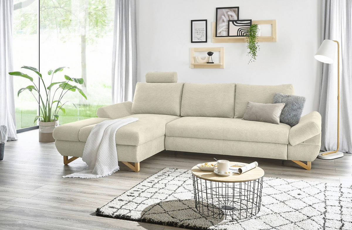 ECKSOFA beige Struktur-Stoff, Sofa mit Bettfunktion und Stauraum 284 cm - Beige, Holz/Textil (166/284cm) - Furn.Design