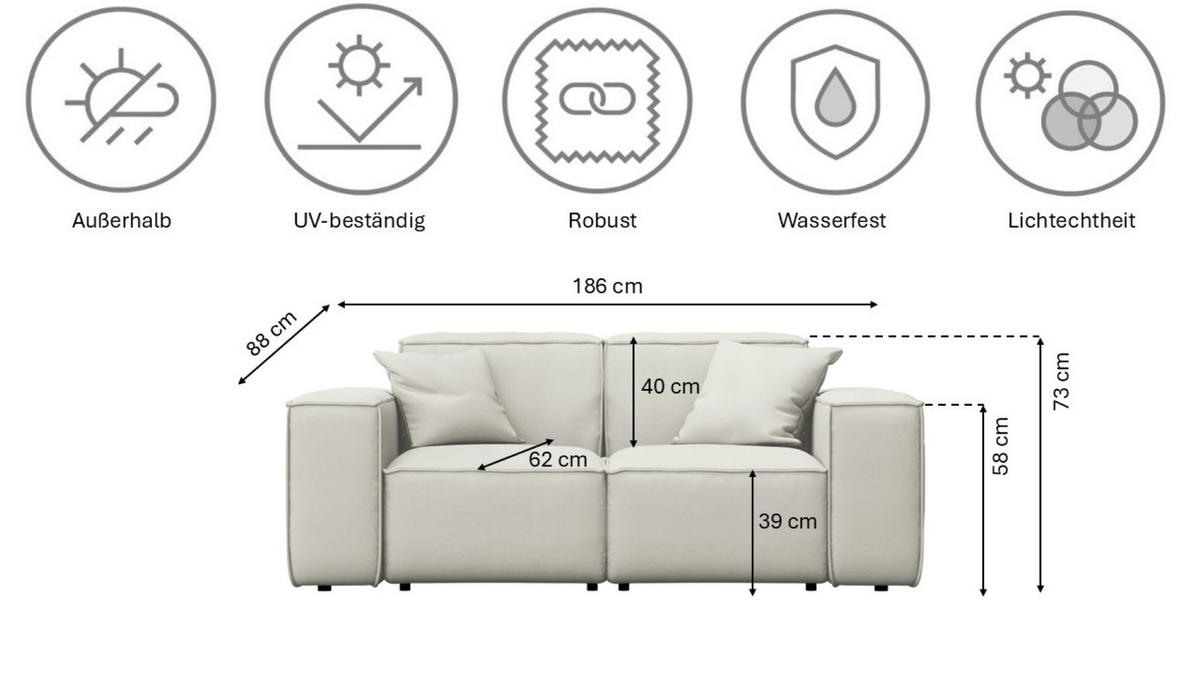 GARTENSOFA Gartenmöbel MALIBU 2 Sitzer Stoff Odyssey Creme - Creme, Holz (186/73/88cm) - Kaiser Möbel