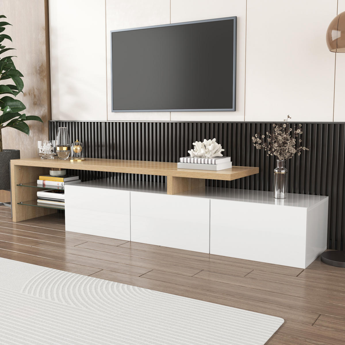 TV-ELEMENT 197,5 cm MDF Weiß Holzoptik mit LED-Beleuchtung und Glasböden - Weiß, Holzwerkstoff (39/42/197.5cm) - Korfee