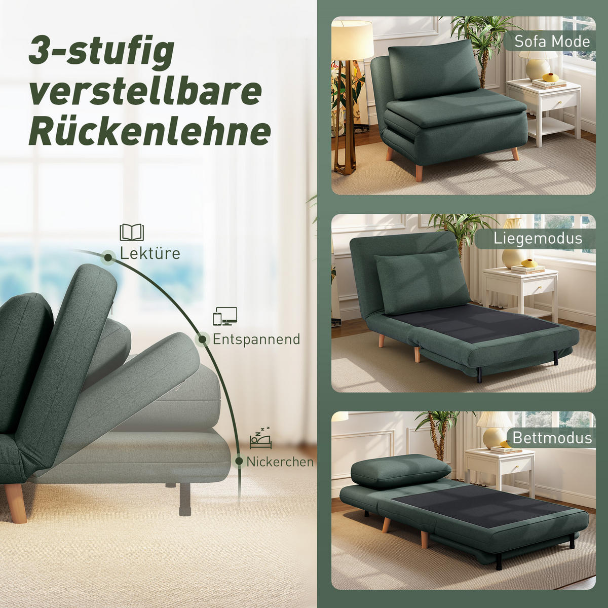 SCHLAFSESSEL 3-in-1 Sessel Bett-Funktion, verstellbare Rückenlehne - Dunkelgrün/Buchefarben, Buchenholz/Textil (90/80/95cm) - HOMCOM