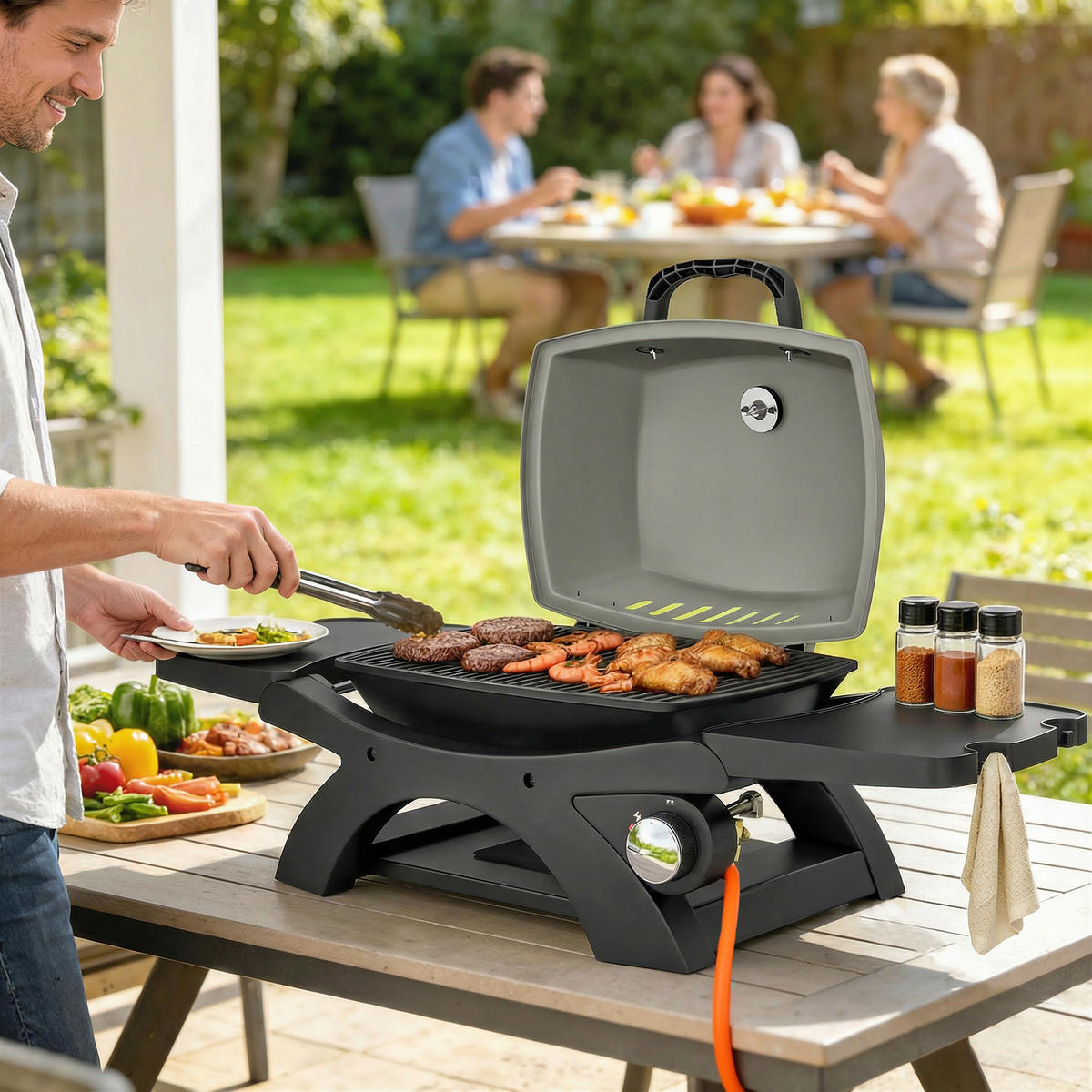 GASGRILL Stahl Schwarz - Schwarz, Kunststoff/Metall (48/38/102cm) - Outsunny