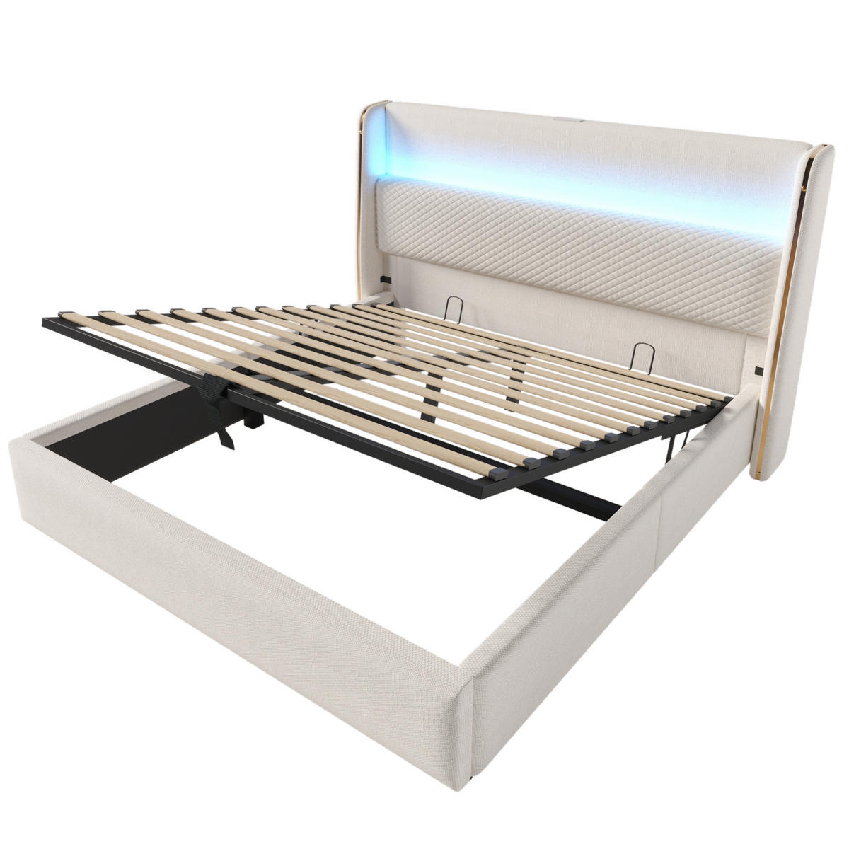 POLSTERBETT 140/200 cm mit LED-Beleuchtung, USB/Type-C, hydraulischem Bettkasten und Leinenbezug und Matratze, Beige - Beige, Textil (140/200cm) - Redom