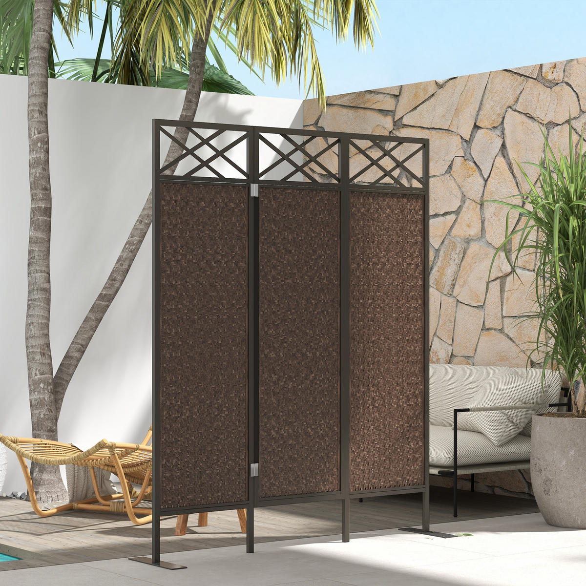 PARAVANT, PE-Rattan, Stahl, Braun - Braun, Metall (33/181/148cm) - Outsunny