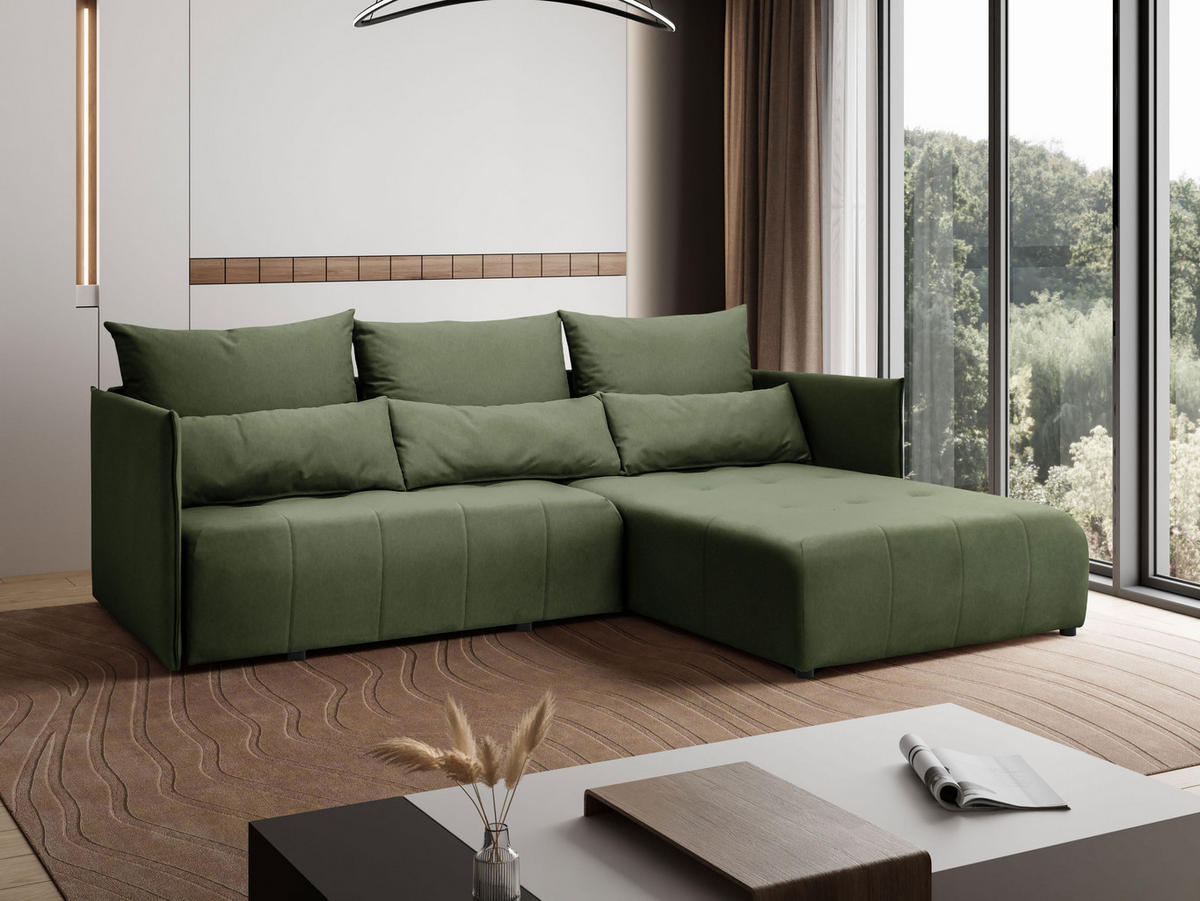 ECKSOFA L Form Hanna 246 x 188 cm mit Schlaffunktion und Bettkasten, 4 Sitzer, Bettzeugablage, Sofa, Eckcouch, grün rechts - Grün, Kunststoff (188/246cm) - Margaret Hadas24