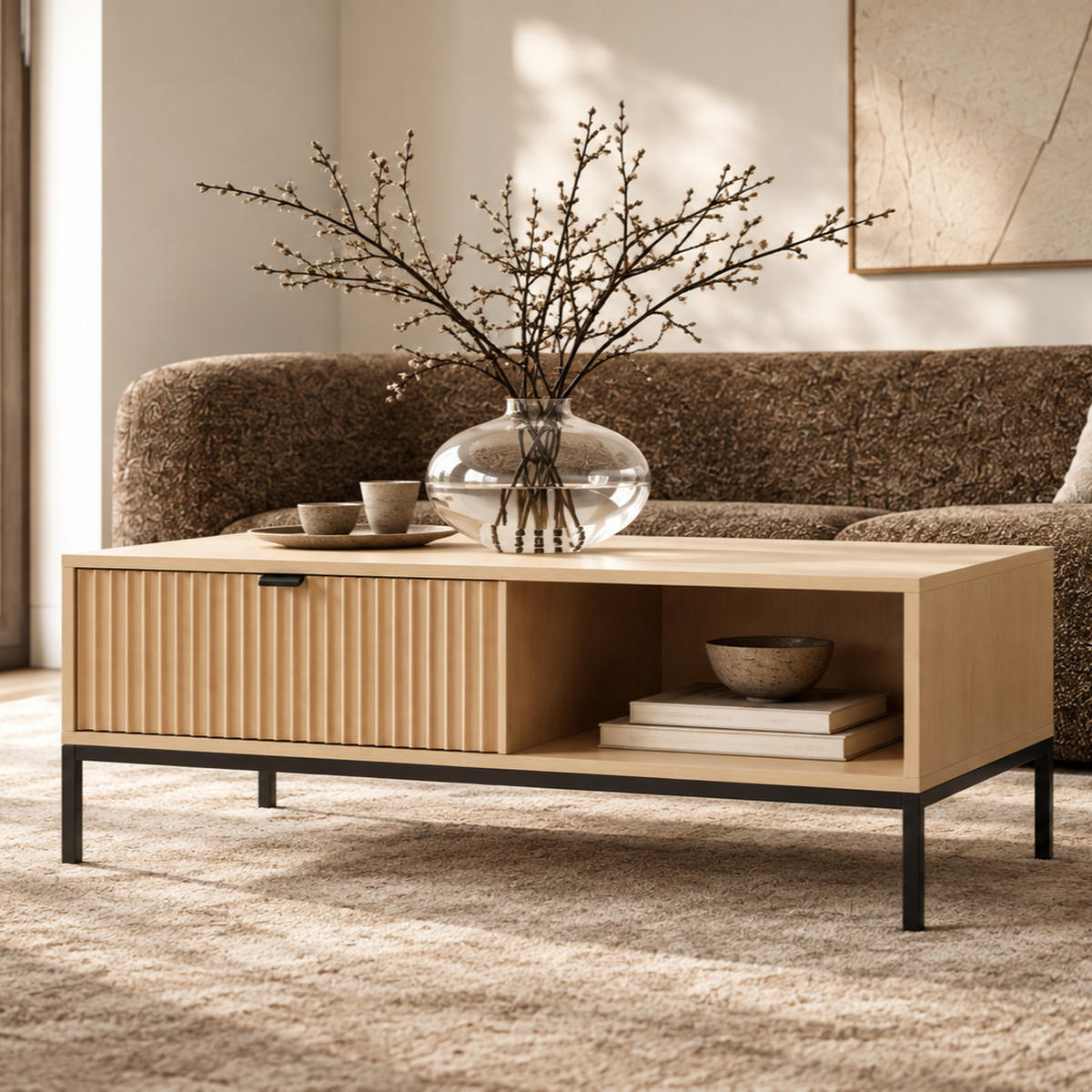 MODERNES Geriffelter Couchtisch KIOTO Ł2SZ (Eiche Vicenza, Schwarzes Gestell, Vollauszug) - Eichefarben/Schwarz, Holz/Holzwerkstoff (68/104/46cm) - Ravio