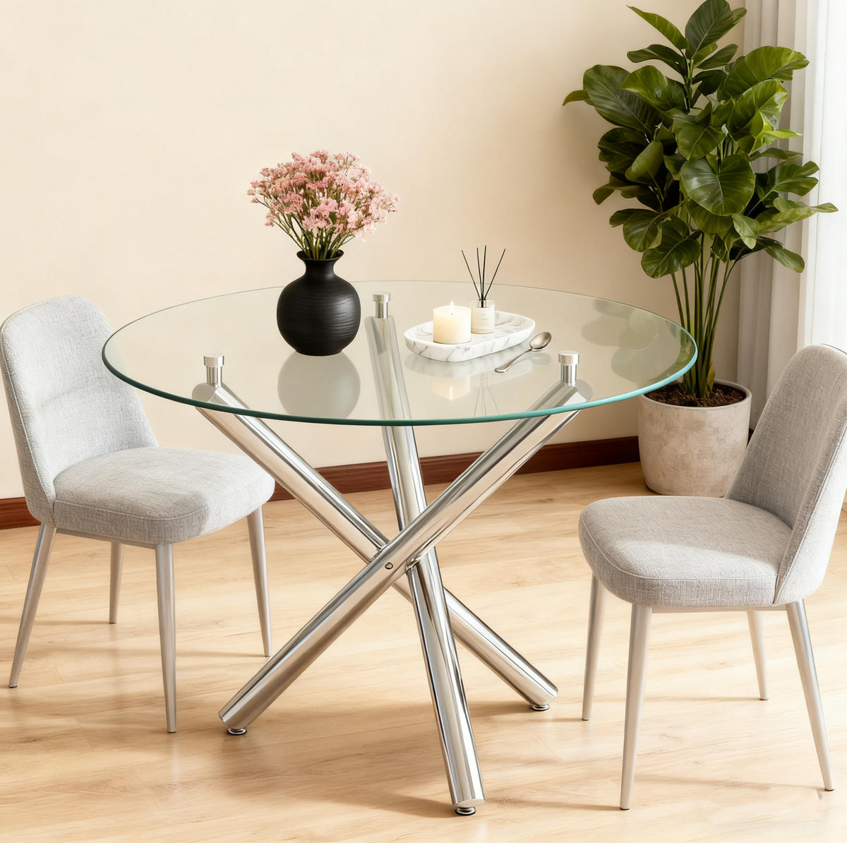 ESSTISCH 80/80/76 cm mit Tischplatte aus gehärtetem Glas und Kreuzgestell, Silber - Silberfarben, Metall (80/80/76cm) - Redom