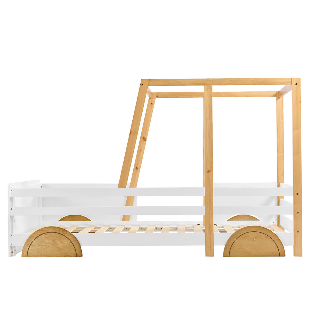 HAUSBETT mit Auto-Design aus Holz, mit Seitenschutz, stabilem Rahmen, dekorativem Kopfteil, spielerischem Look, natur - Naturfarben, Holz (90/200cm) - Luhomfu