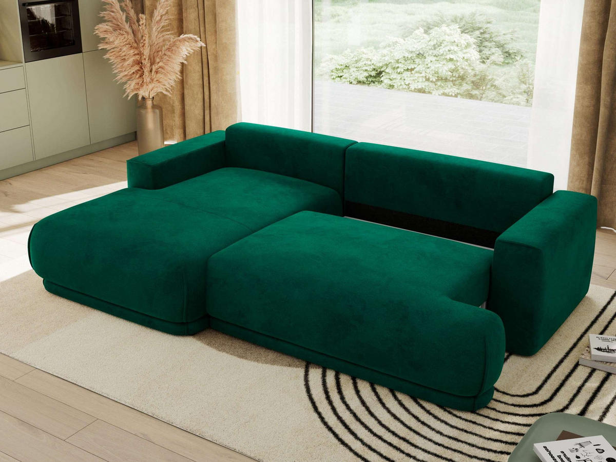 ECKSCHLAFSOFA RINA L Dunkelgrün Velvet - links - Dunkelgrün/Schwarz, Kunststoff/Textil (267/170cm) - MKS