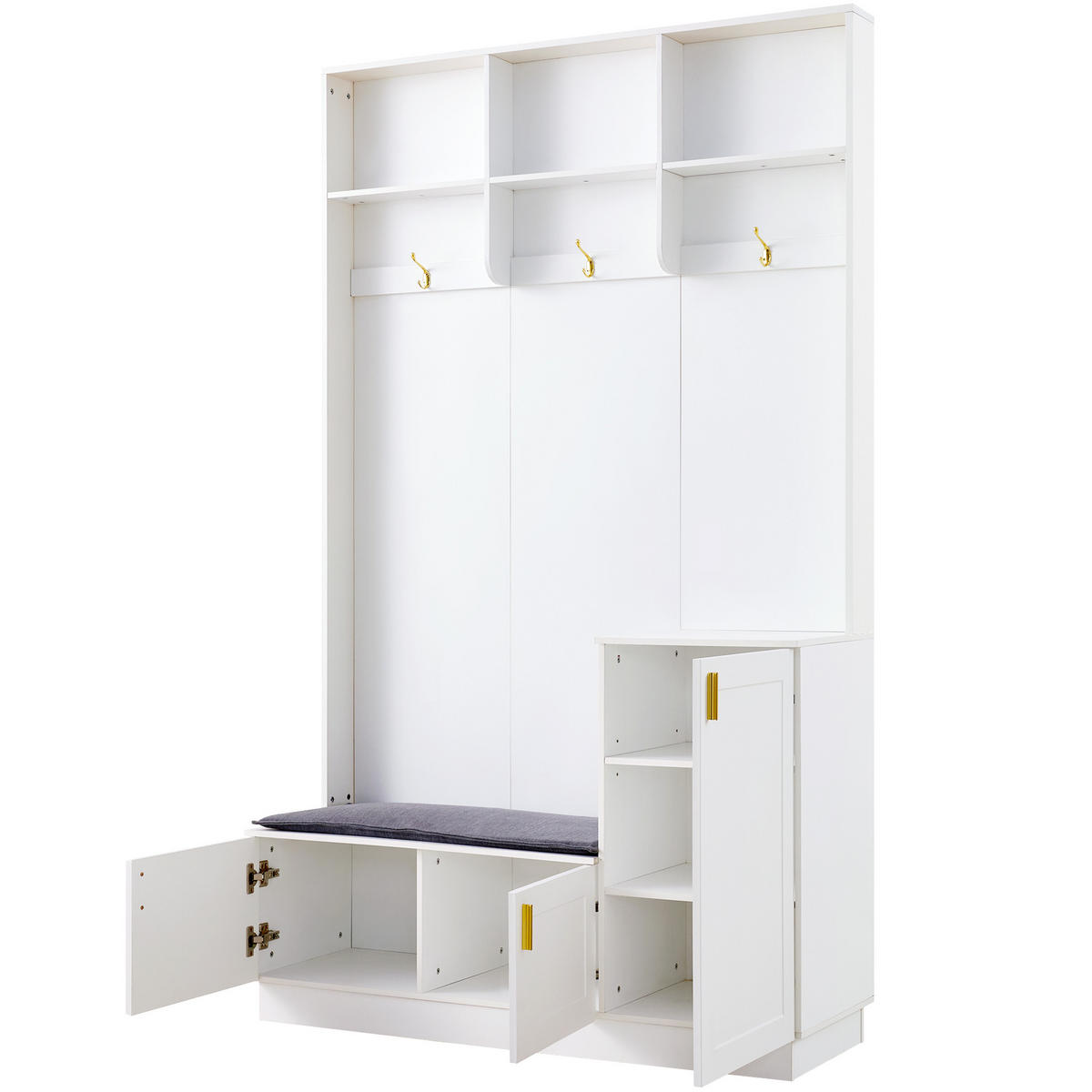GARDEROBEN-SET in Weiß mit 3 Haken und Schuhablage für Flur, B120/T40/H200 cm - Weiß, Holzwerkstoff/Metall (120/200/40cm) - STILVORA