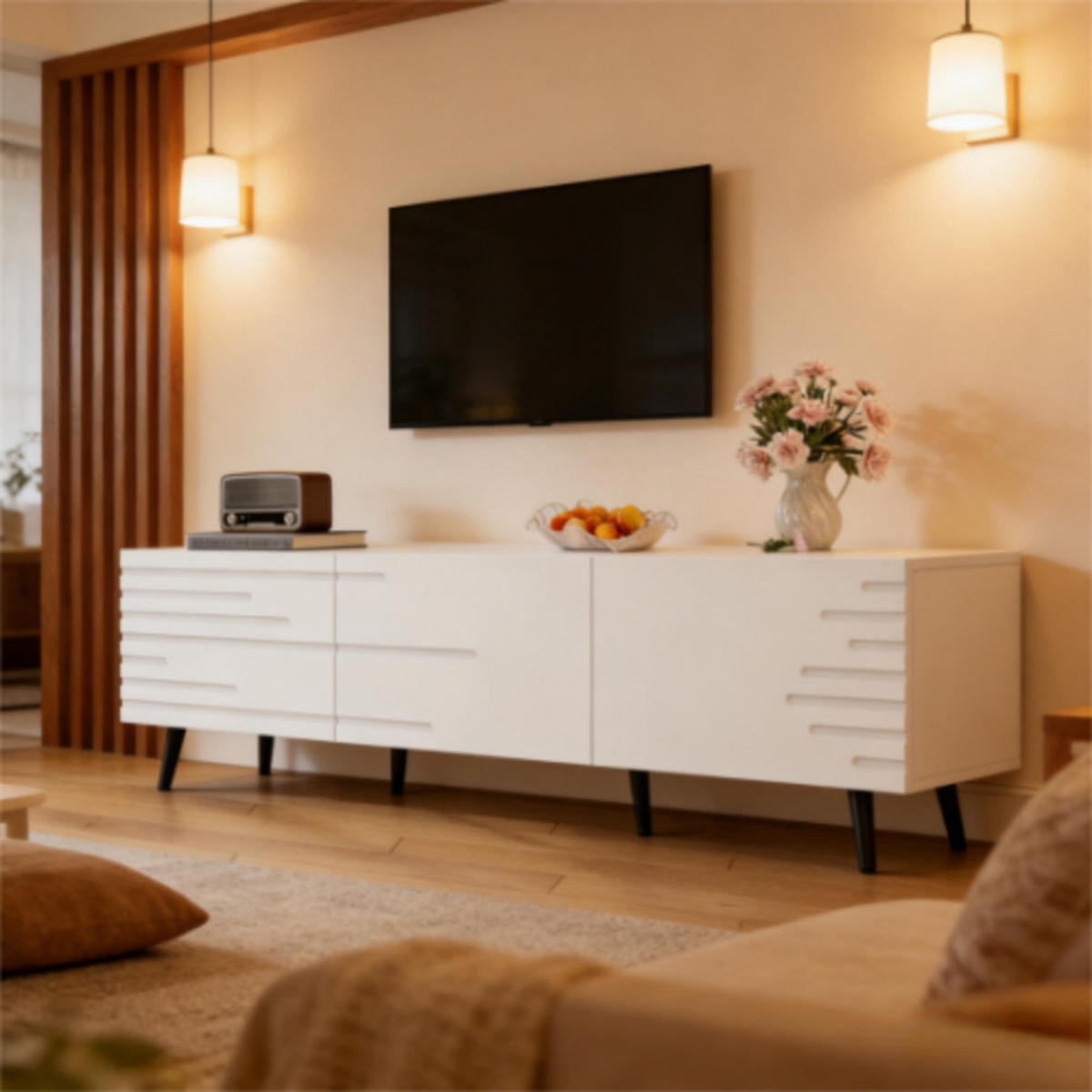 TV-SCHRANK weiß aus MDF mit 3D-bedruckten Klapptüren 180 × 40 × 48 cm - Weiß, Holzwerkstoff (180/48/40cm) - Luhomfu