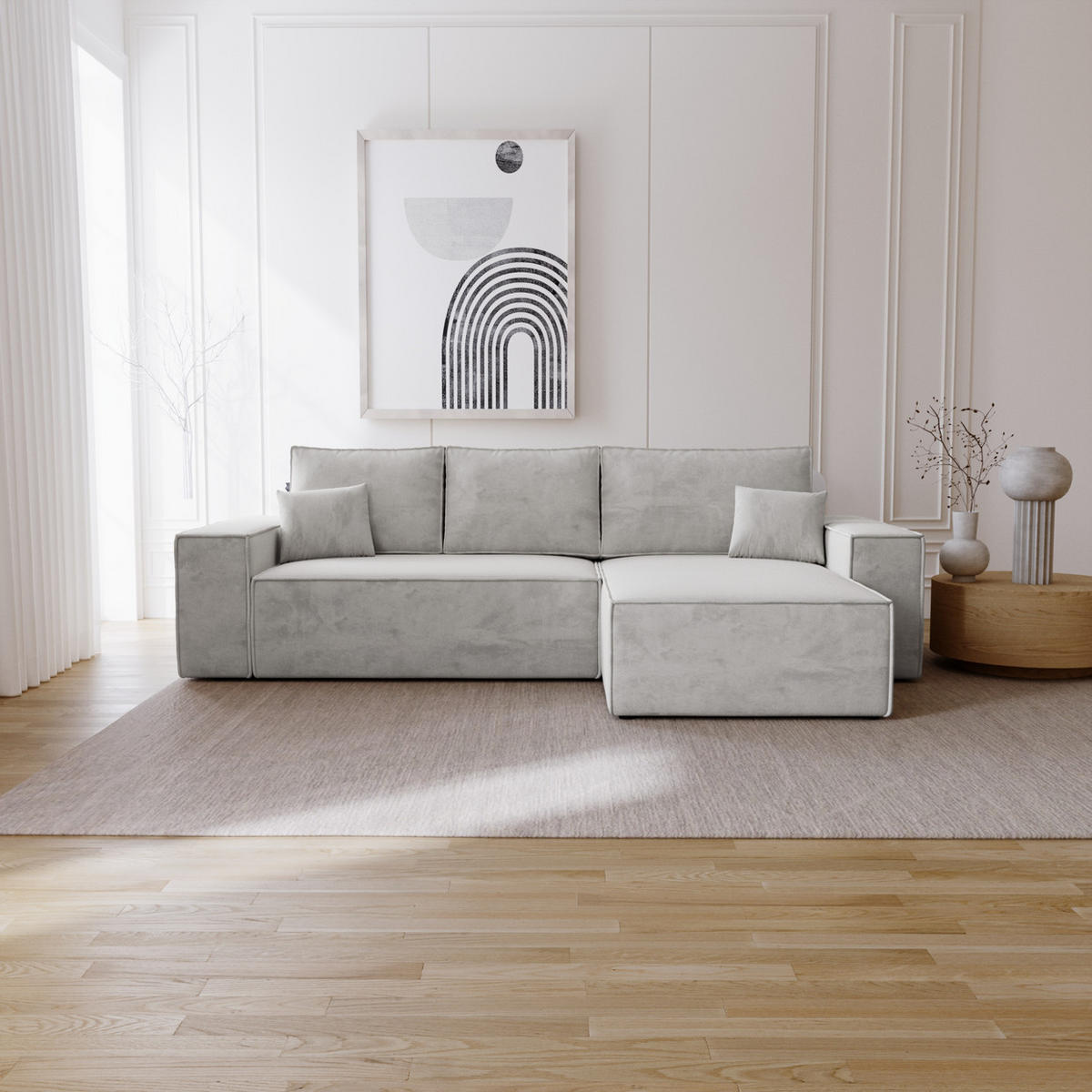 ECKSOFA mit Schlaffunktion Bergamo L 280 cm, Samt, Rechts - Hellgrau - Hellgrau, Holz (189/277cm) - Emporius