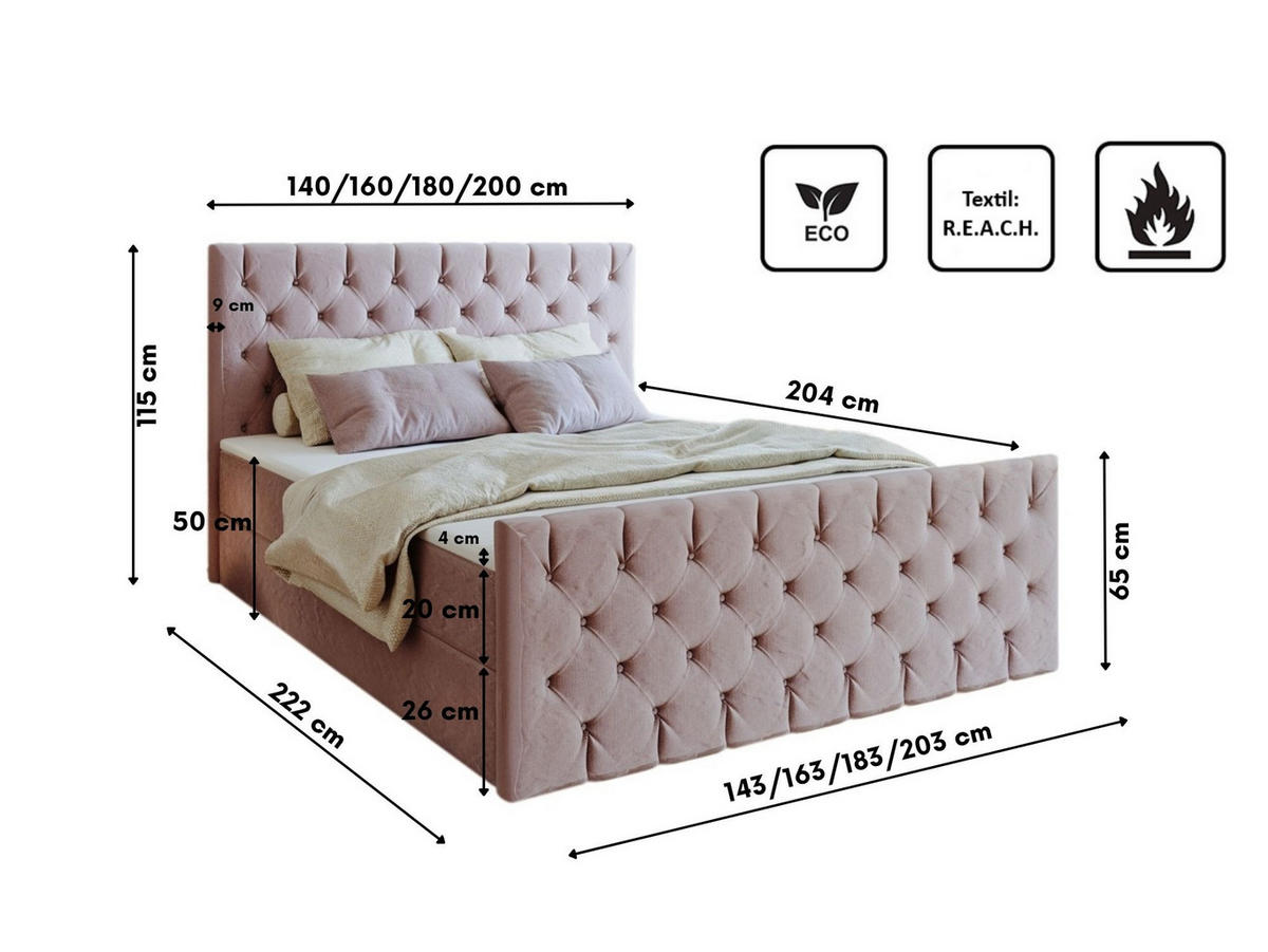 KONTINENTALBETT Mars Mit Bettkasten Stoff Riviera Lila 140x200 cm - Lila, Holz (140/200cm) - Kaiser Möbel