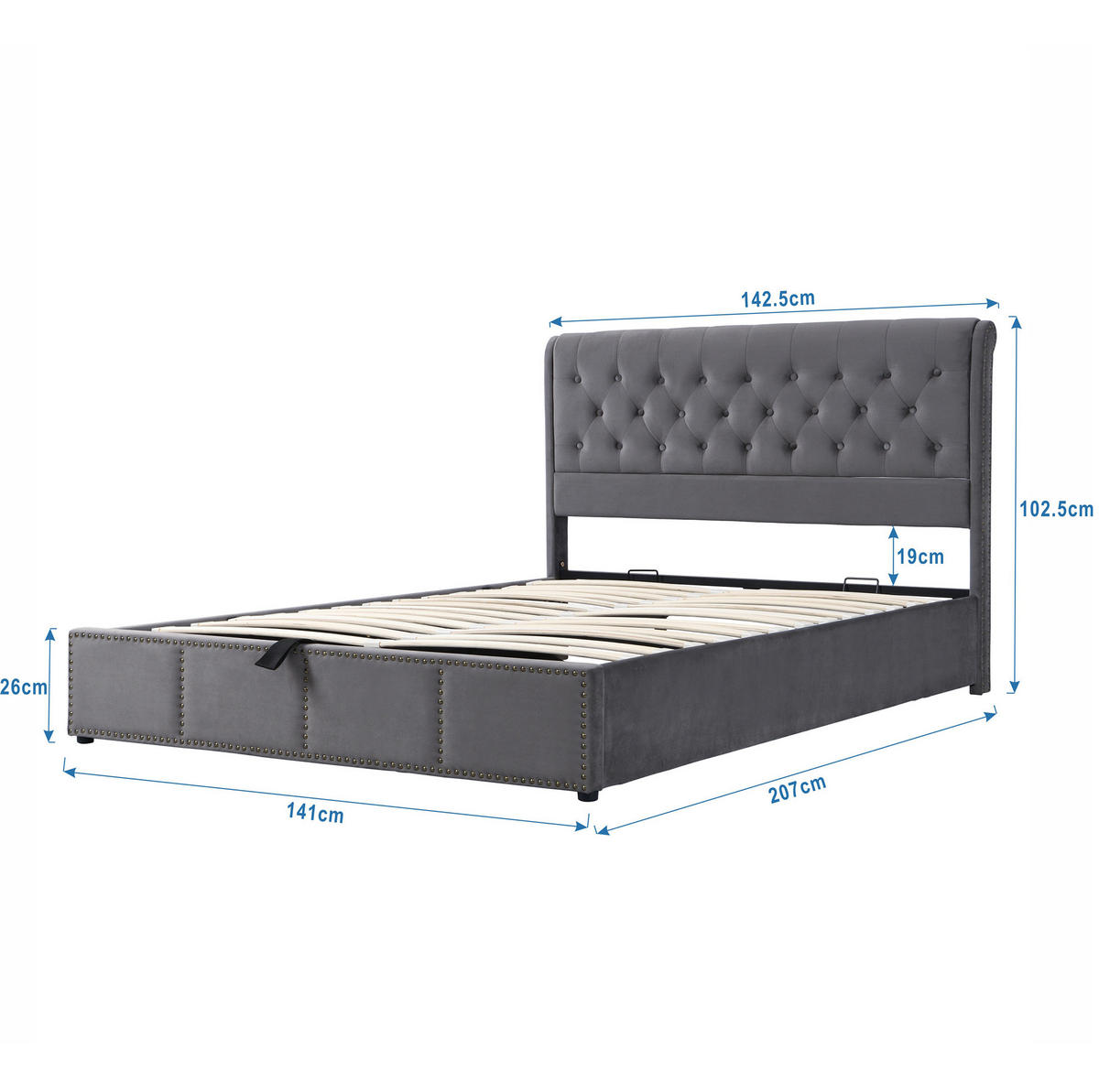 BETT mit Stauraum und Polsterbank 140x200 cm Samt Grau - Grau, Metall (140/200cm) - Meubliv