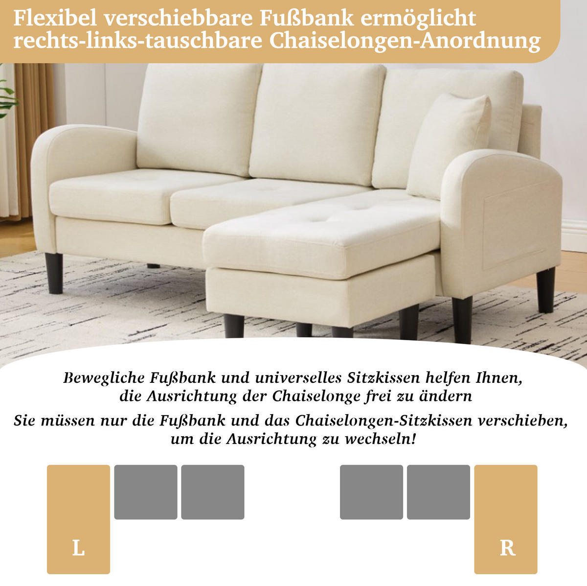 SOFA modular mit Chaiselongue 166 x 118 x 77 cm hellbeige - Beige, Kunststoff (166/118cm) - IVMEU