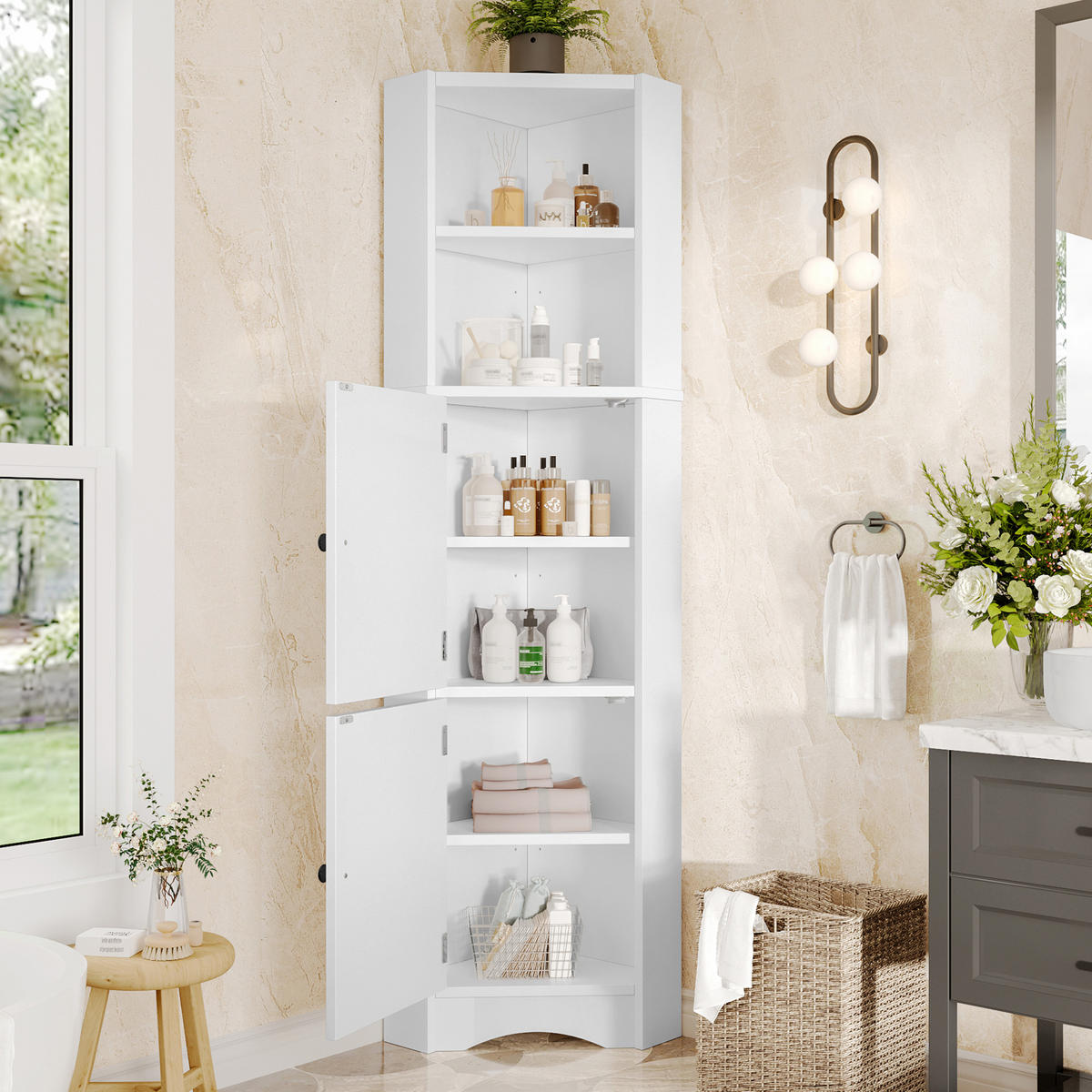 BADEZIMMERSCHRANK 51.7x32x155.4cm in Weiß, feuchtigkeitsbeständig mit 2 Türen - Weiß, Holzwerkstoff (32/155.4/51.7cm) - Modfu