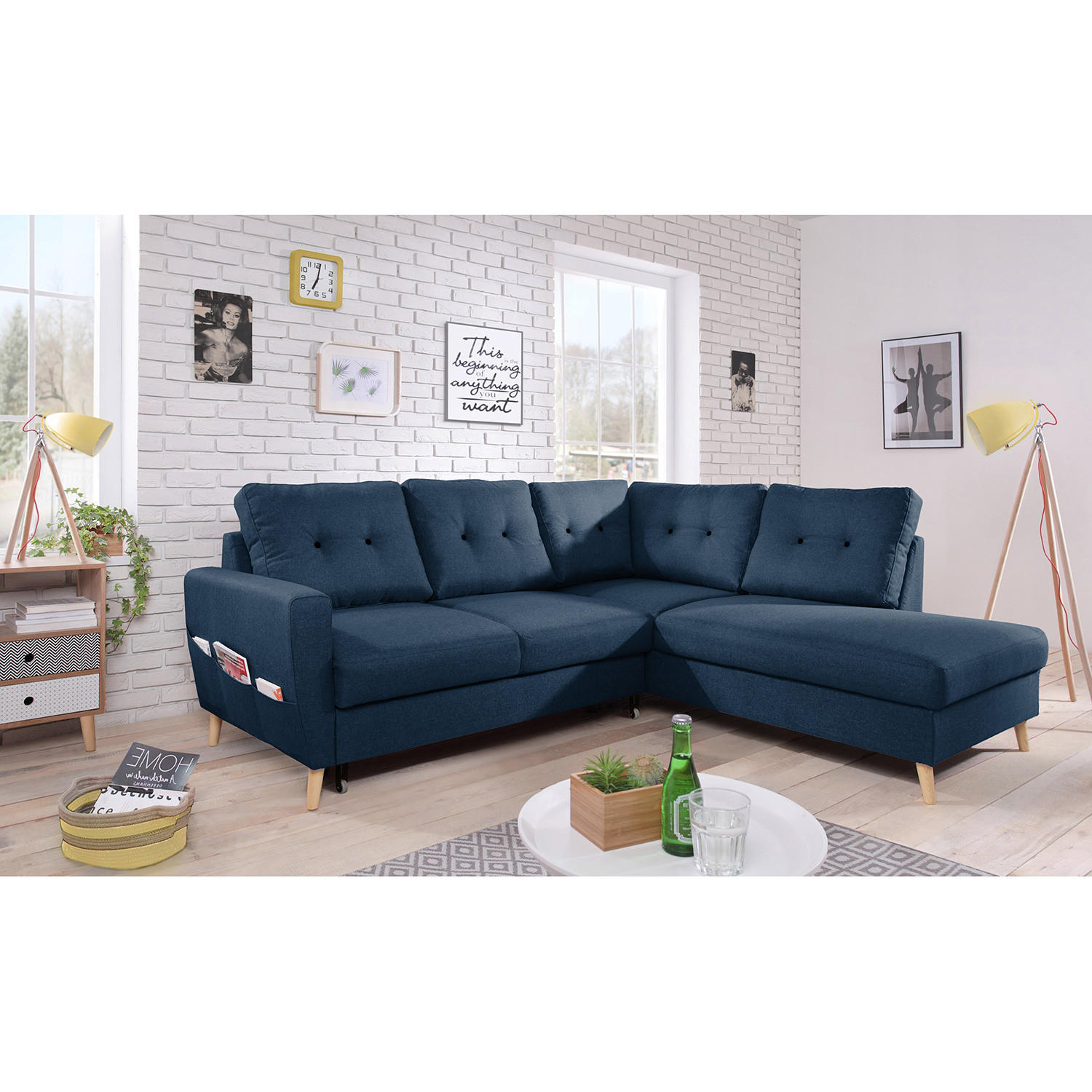 ECKSOFA mit Ottomane - Webstoff - Hellbraun/Blau, Textil (230/200cm) - home24