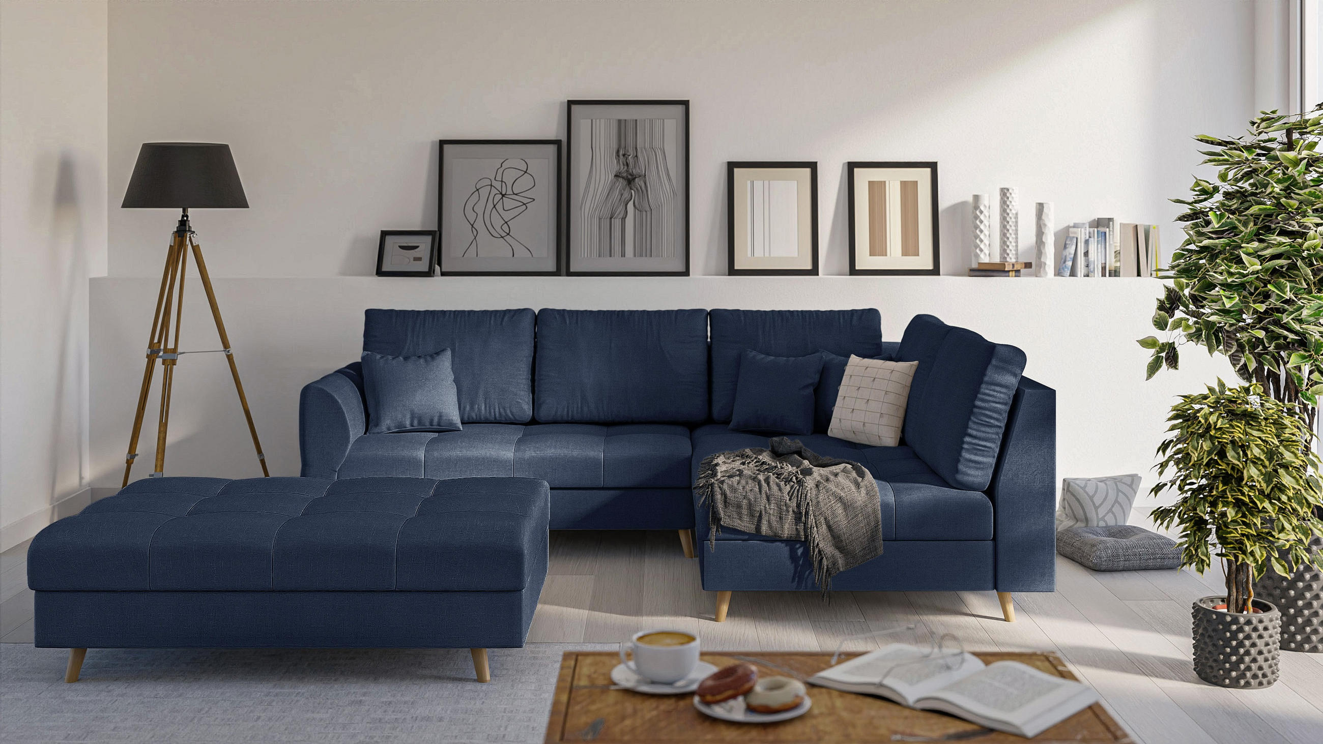 ECKSOFA MIT HOCKER Lorine Mikrofaser Dunkelblau - Hellbraun/Dunkelblau, Buchenholz/Textil (231/161cm) - S-Style Möbel