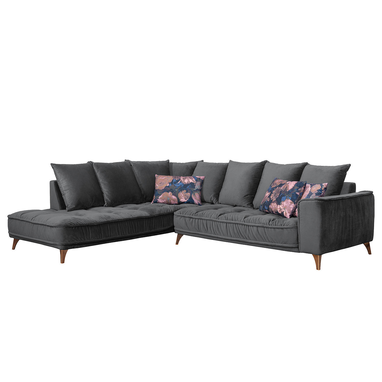 ECKSOFA mit Ottomane - Samt - Schwarz, Textil/Metall (288/245cm) - home24