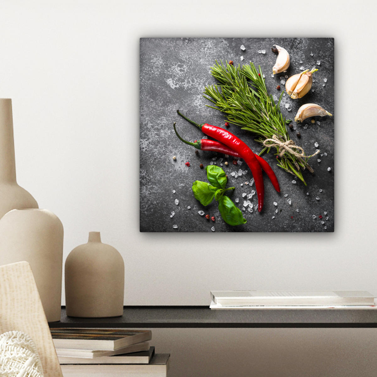 LEINWANDBILD Pfeffer - Kräuter - Gewürze - Beton Deko Wohnzimmer 20x20 cm - Dunkelgrau, Textil (20/20cm) - MuchoWow