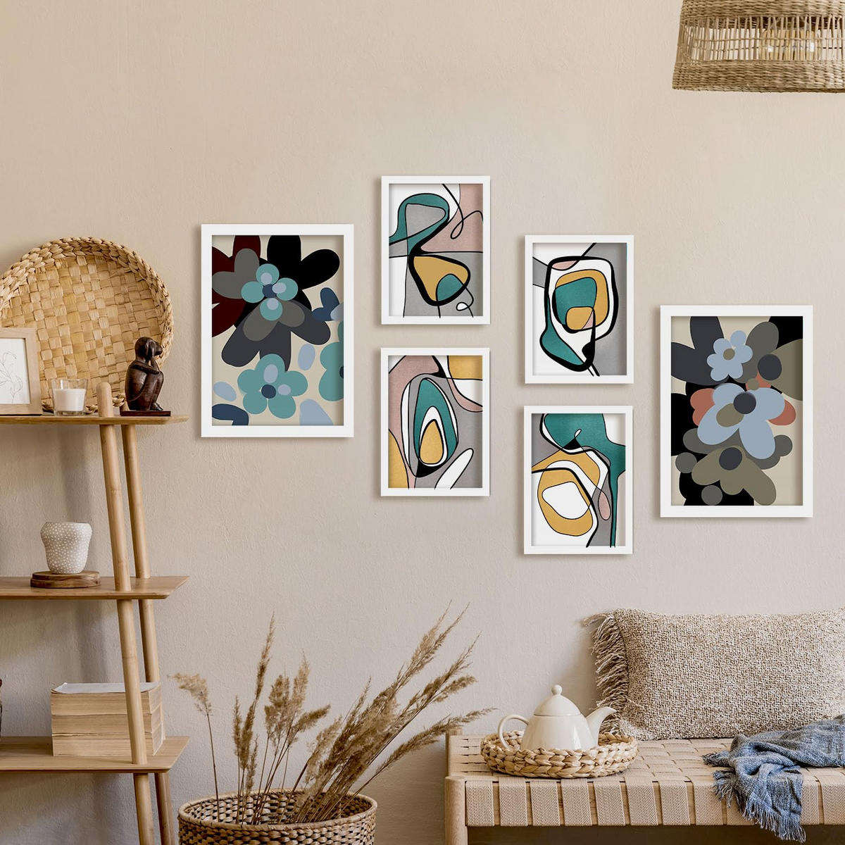 POSTER Set Mit 6 Hodgepodge Blume In Blume Zusammenfassung Ästhetische Dekorative Gemälde Für Ihr Wohnzimmer Zuhause A3 & A4 Weißer Rahmen - Weiß, Papier (29/3cm) - Nacnic