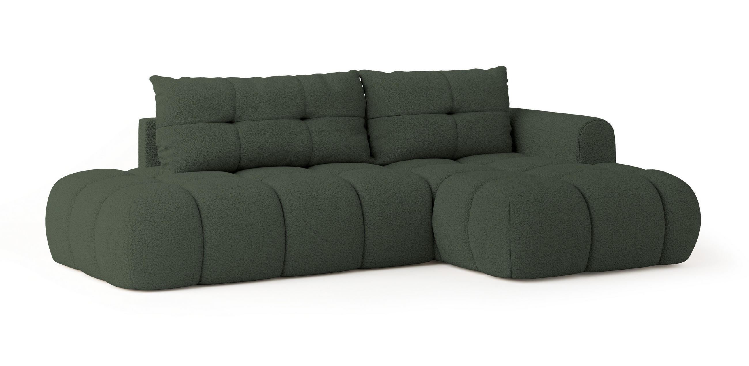 ECKSOFA FLUMA R-S Grün Boucle-Stoff mit Schlaffunktion - Grün, Holz (279/158cm) - MASSENO