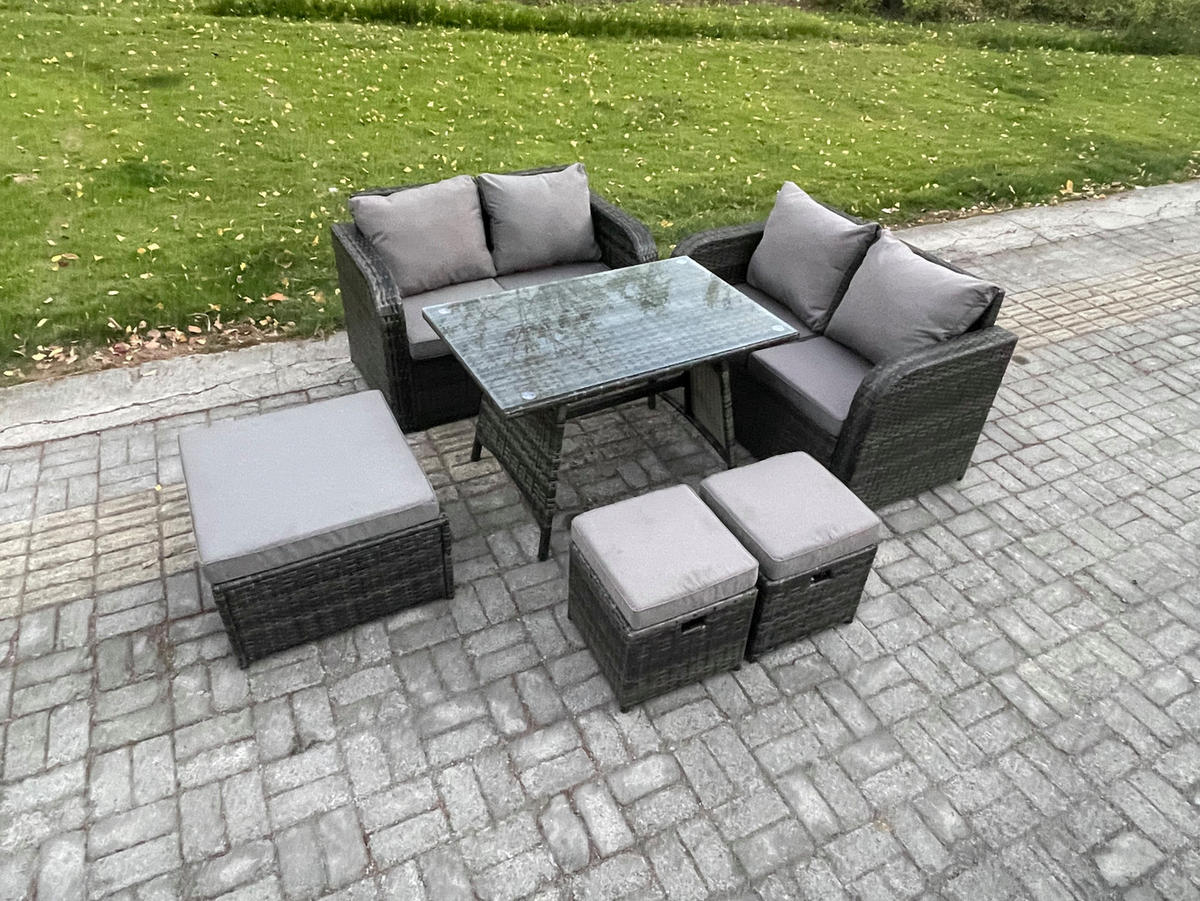 GARTENMÖBELSET mit ESSTISCH,SOFA Polyrattan 7-Sitzer - Dunkelgrau/Grau, Glas/Kunststoff - Fimous
