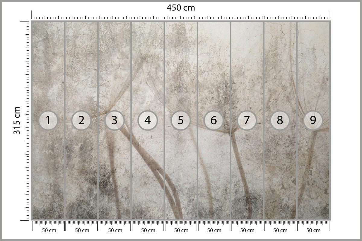 FOTOTAPETE für Wohnzimmer Zarter Skizze Löwenzahn Grauer Beton Minimalistisch 450x315 - Beige/Braun, Papier (450/315cm) - Muralo