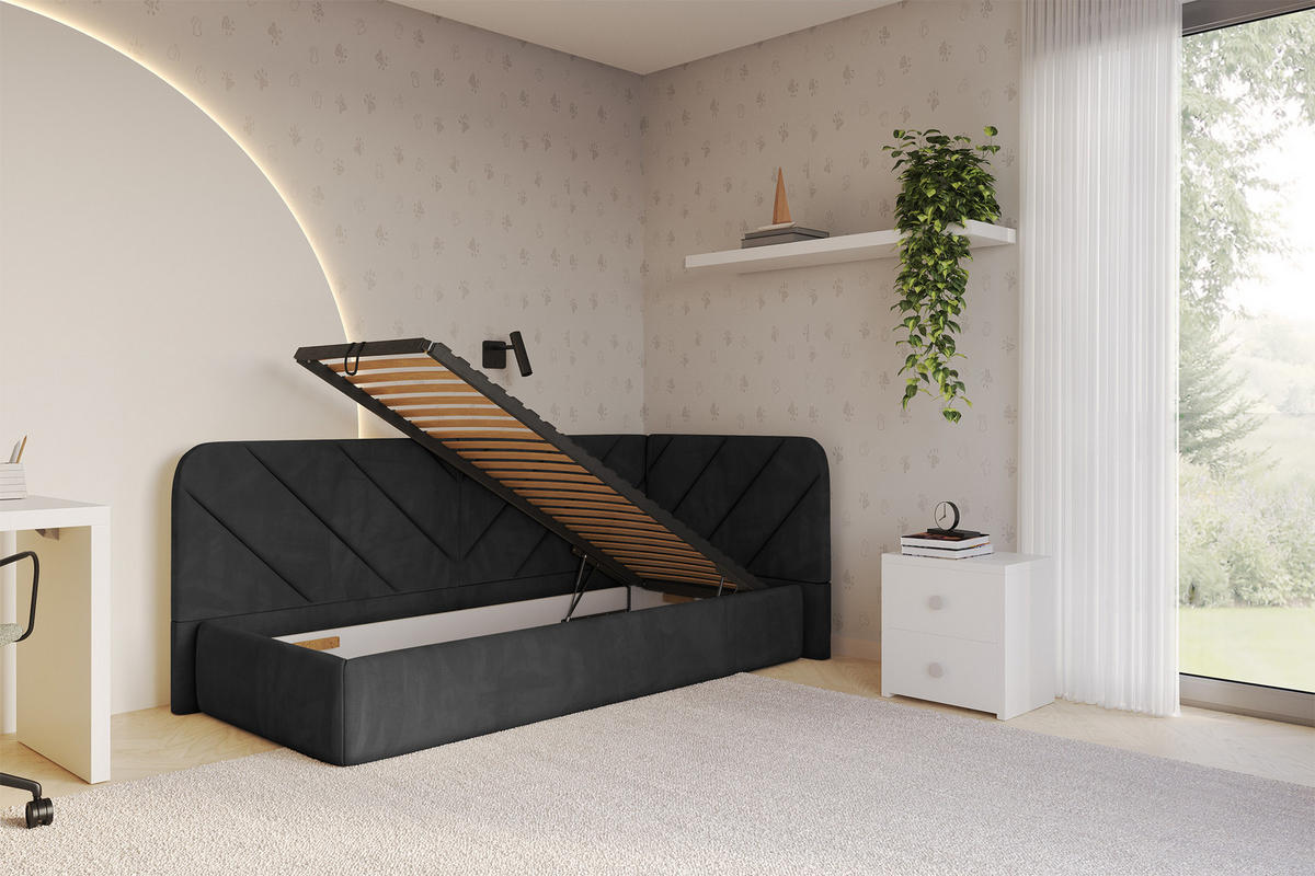 EINZELLBETT Jugendbett mit Bettkasten und Matratze H3/H4, Links - FIKY 90x200 Schwarz - Schwarz, Holzwerkstoff/Textil (90/200cm) - ALTDECOR