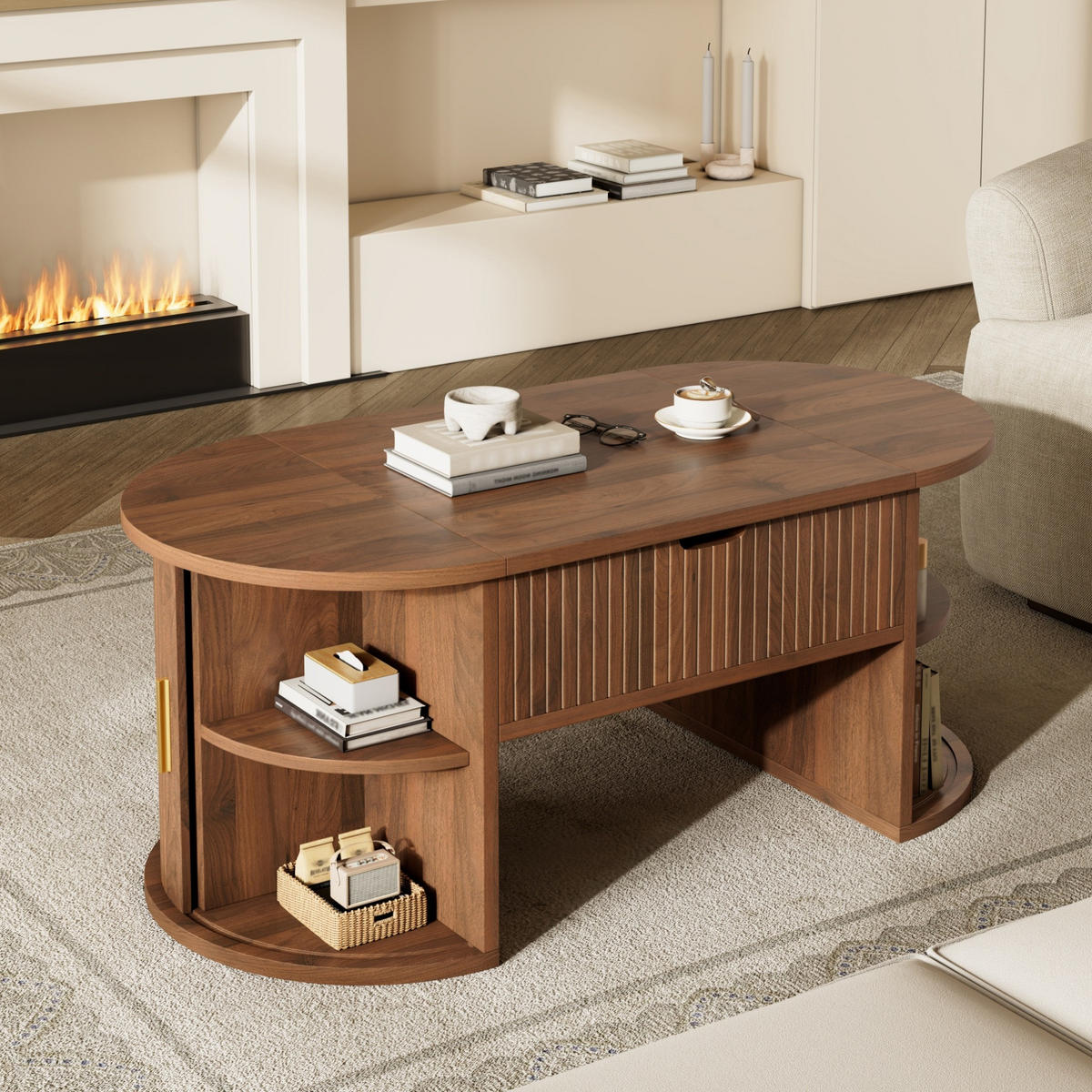 COUCHTISCH 100/50/40,5 cm höhenverstellbar mit Schiebetüren in Nussbaum - Nussbaumfarben, Holzwerkstoff (100/50/40.5cm) - Flora Grace