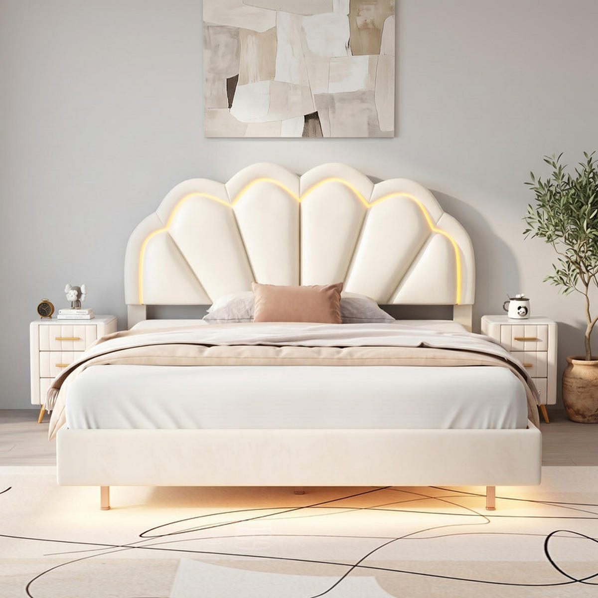 POLSTERBETT 140/200 cm beige mit Muschelkopfteil und LED - Beige, Holz