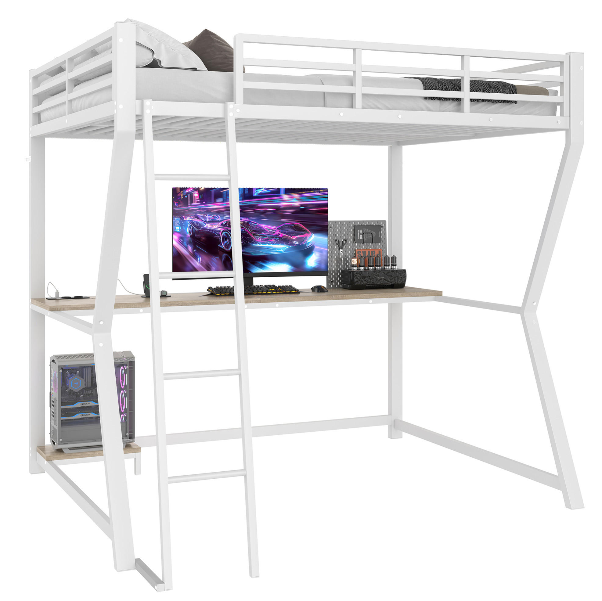 HOCHBETT 140/200 cm in Weiß mit LED-Beleuchtung, Schreibtisch und USB-Anschluss - Weiß, Metall (140/200cm) - Flora Grace