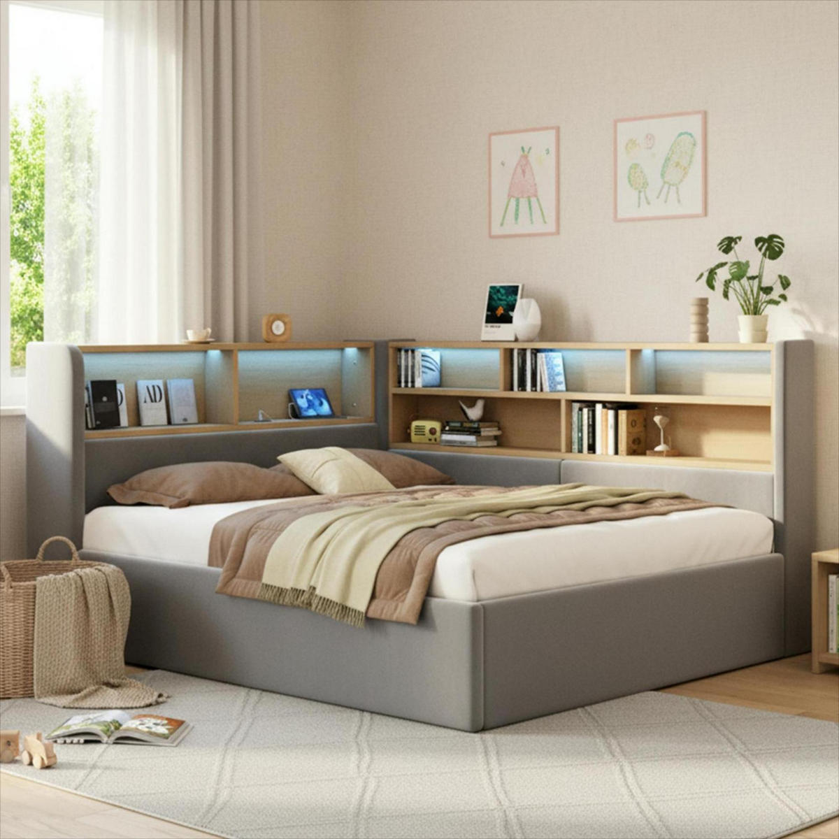 JUGENDBETT 140/200 cm in Grau Samt mit Bettkasten, LED und USB - Grau, Holzwerkstoff/Textil (140/200cm) - WISHDOR